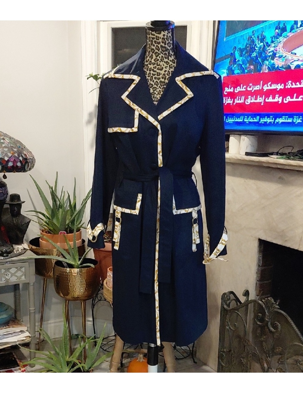 Women's Navy Trench Coat with Gold Trim